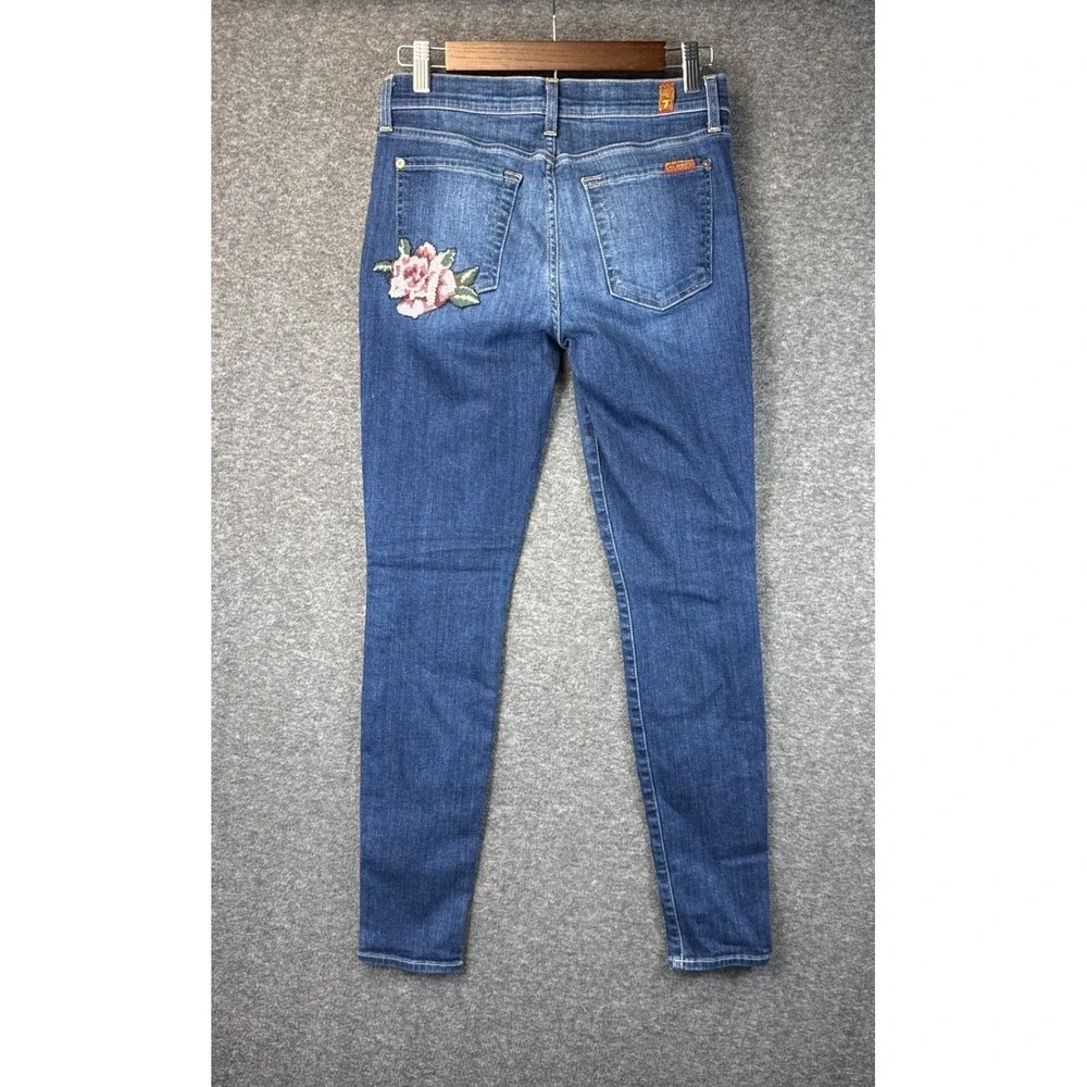 7 For All Mankind Blue Skinny Jeans with Pink Rose Embroidery